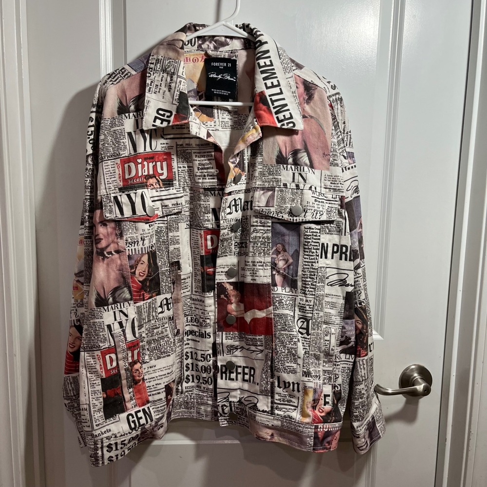 Forever 21 Plus Marilyn Monroe Newspaper Print Denim Jacket White Red 2X